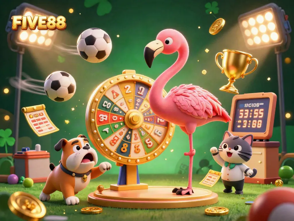 Engage in thrilling gameplay with FIVE88, featuring a lively game show scene and dynamic betting elements.