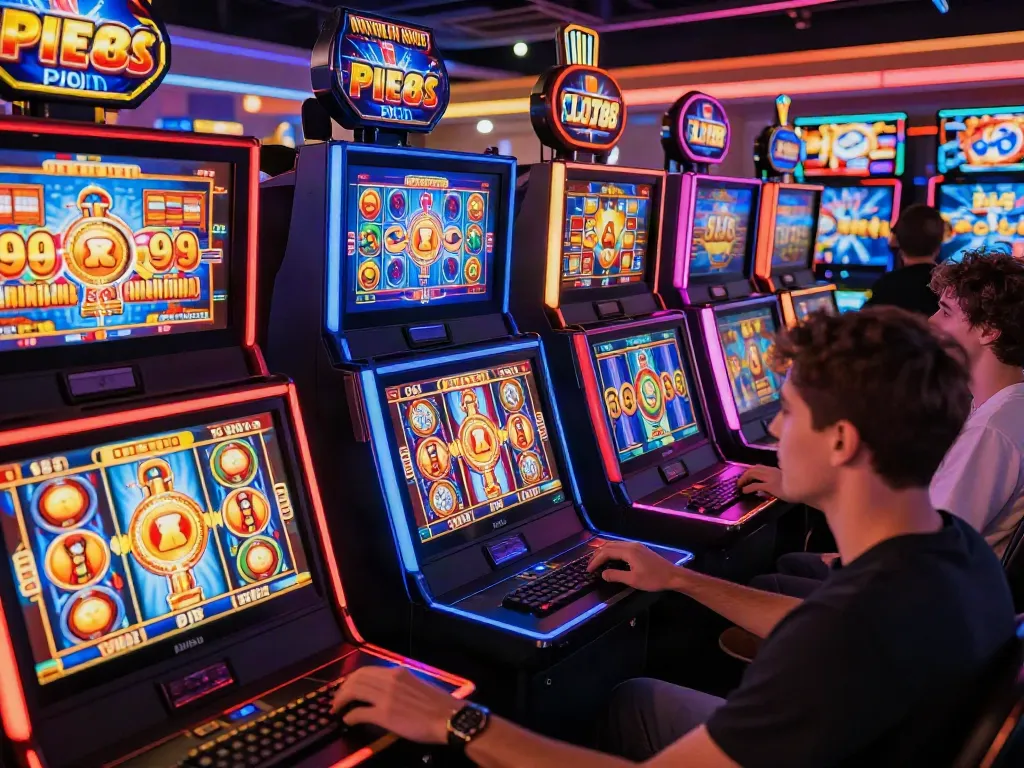 Diverse players enjoying a vibrant slot online experience on various devices in a lively virtual casino setting, highlighting excitement and engagement.